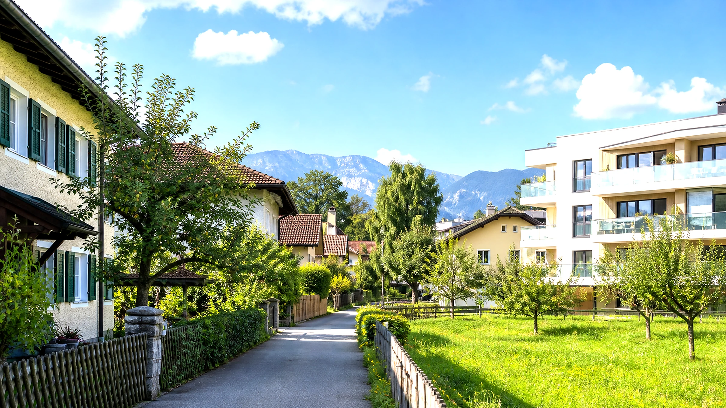 Wohnstraße mit Häusern, Gärten und Bäumen